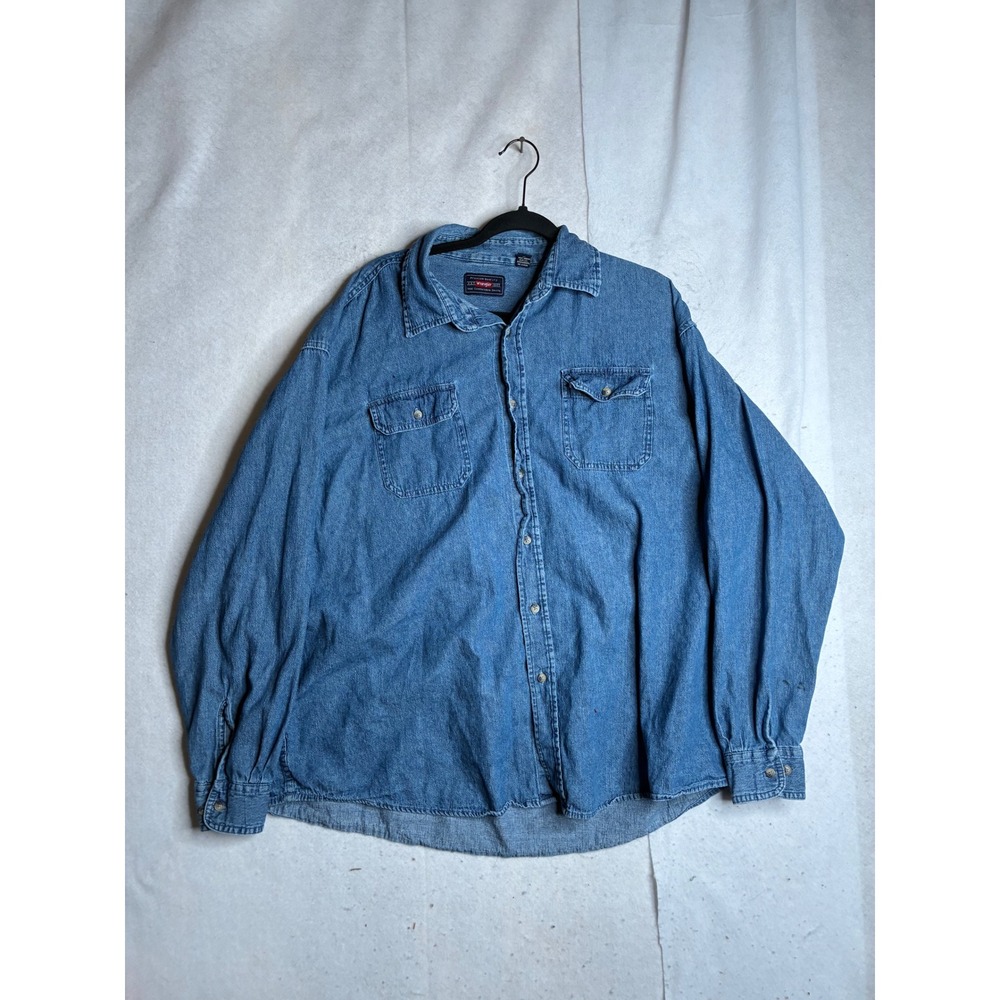 Vtg Wrangler Mens 2XL Denim Button Down Shirt Long Sleeve Blue Cotton Workwear